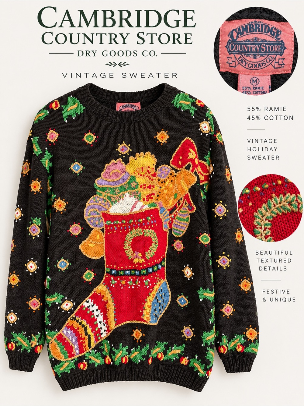 Vintage Cambridge Dry Goods Christmas Stocking Sweater Medium 55% Ramie Cotton
